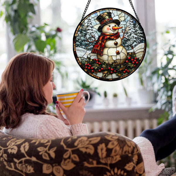 Stained Glass Window Hanging - Christmas Snowman Suncatcher for Door Terrace Garden Home Decor Winter Forest Snow Sun Catcher