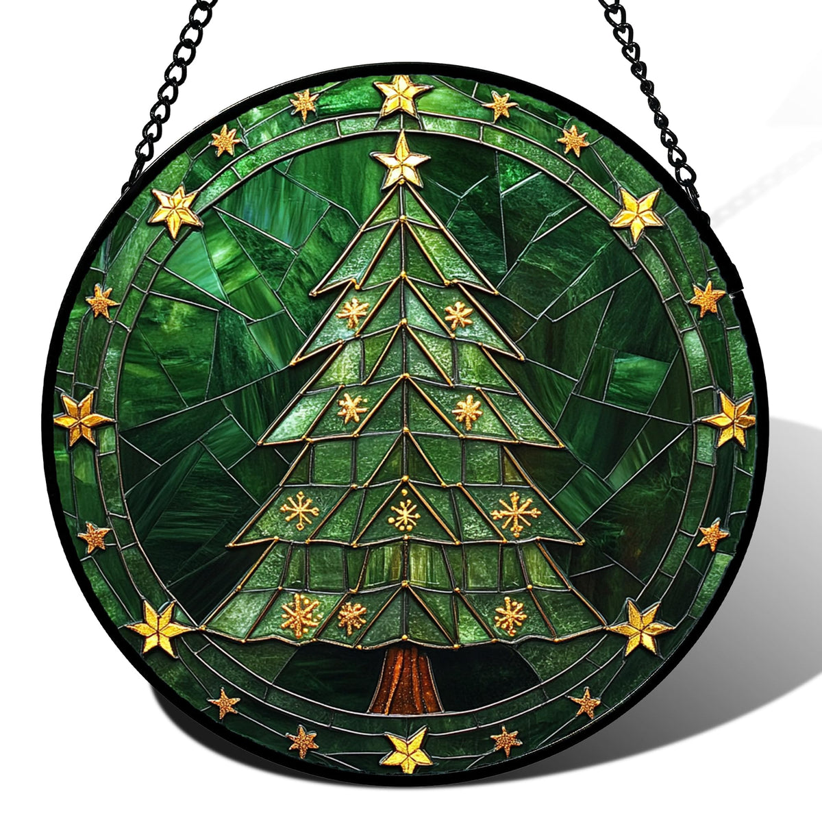 Stained Glass Window Hanging Green Christmas Tree with Golden Stars Suncatcher for Doors Home Christmas Decoration Sun Catcher