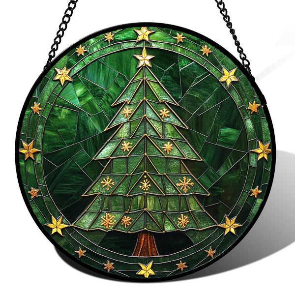 Stained Glass Window Hanging Green Christmas Tree with Golden Stars Suncatcher for Doors Home Christmas Decoration Sun Catcher