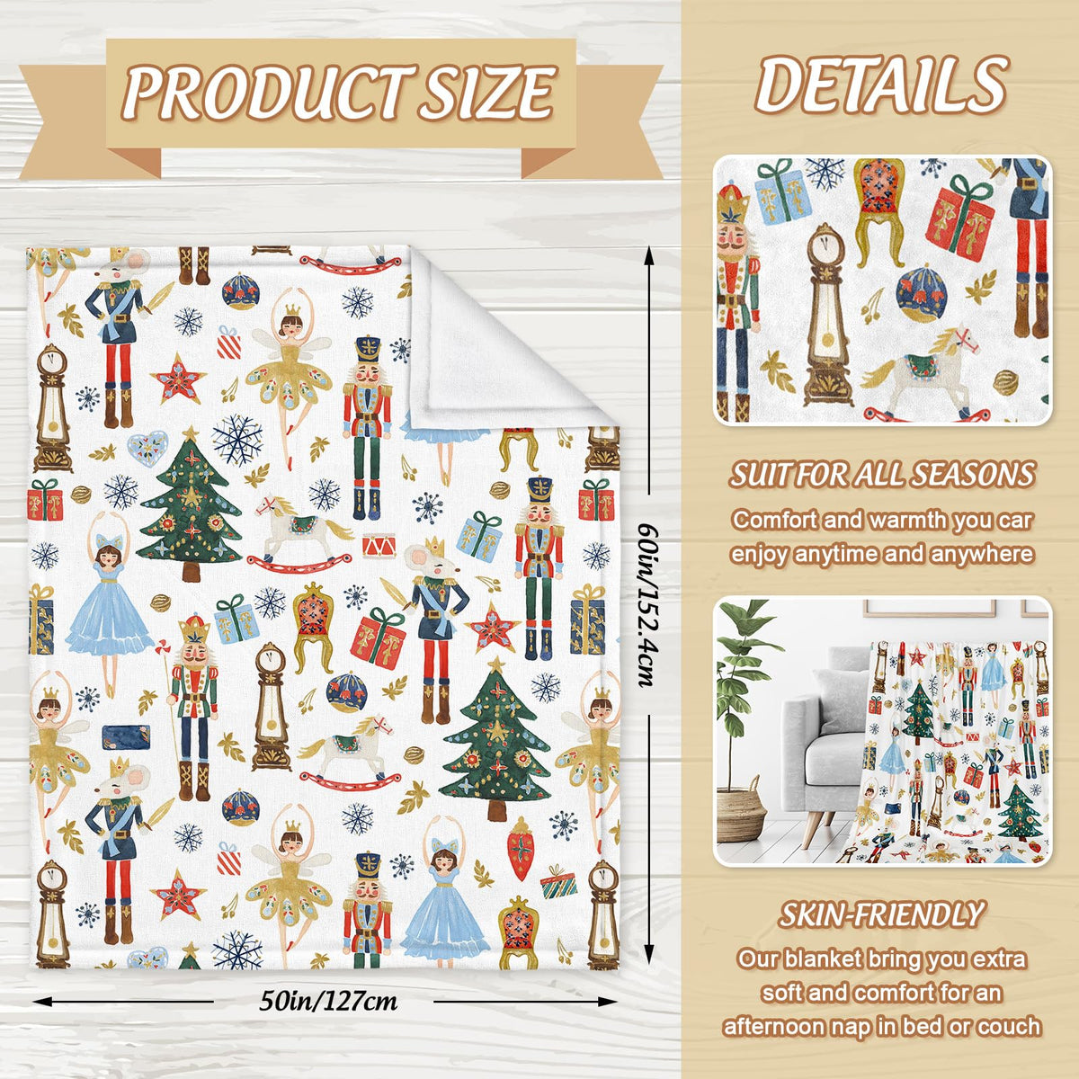 Fuzzy Blanket Christmas Watercolor Nutcracker Throw Blanket Xmas Cartoon Soft Cozy Flannel Blanket