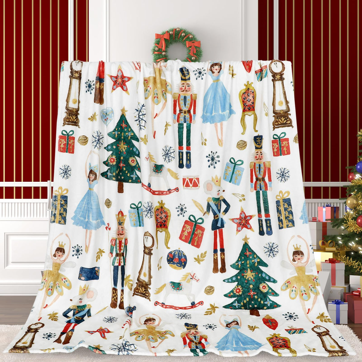 Fuzzy Blanket Christmas Watercolor Nutcracker Throw Blanket Xmas Cartoon Soft Cozy Flannel Blanket