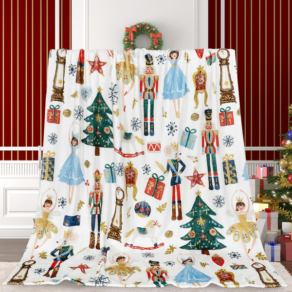 Fuzzy Blanket Christmas Watercolor Nutcracker Throw Blanket Xmas Cartoon Soft Cozy Flannel Blanket