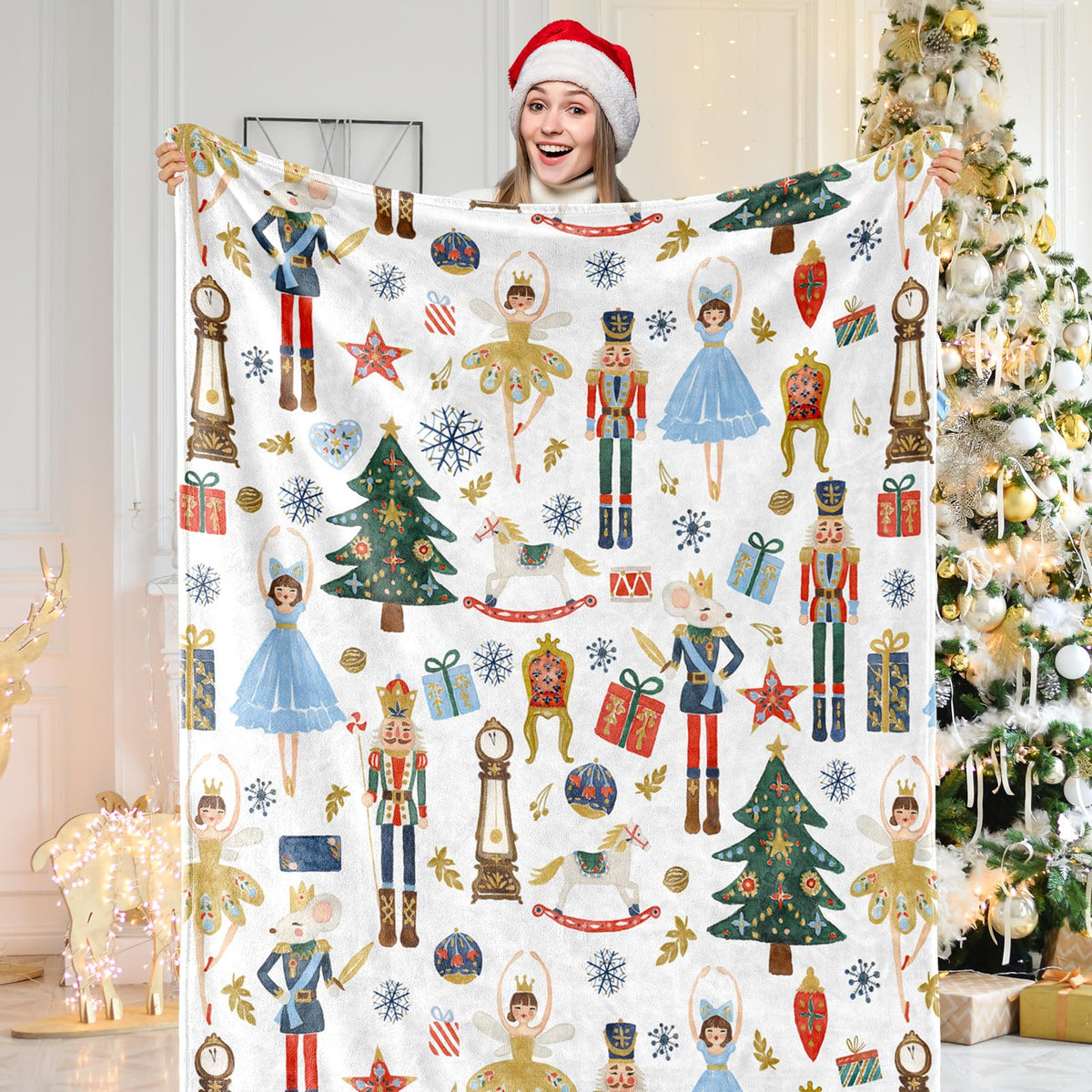Fuzzy Blanket Christmas Watercolor Nutcracker Throw Blanket Xmas Cartoon Soft Cozy Flannel Blanket