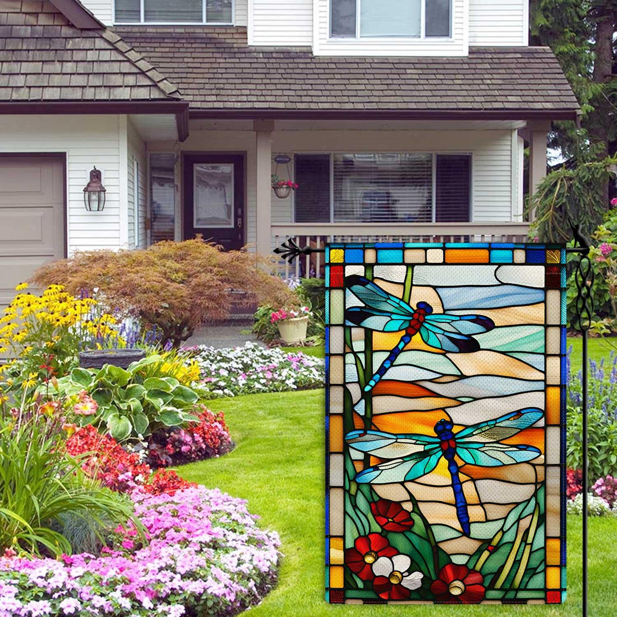 Spring Summer Dragonfly Garden Flag Glass Style Flowers Garden Flag Vertical 1-Sided