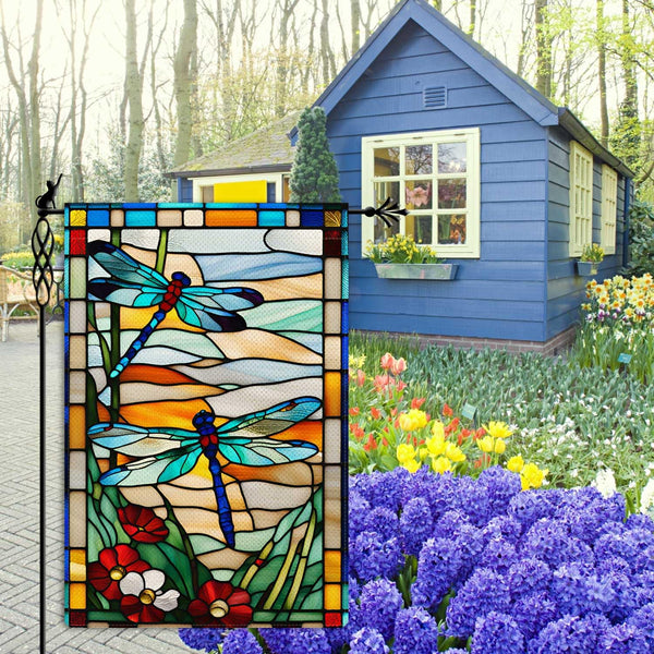 Spring Summer Dragonfly Garden Flag Glass Style Flowers Garden Flag Vertical 1-Sided