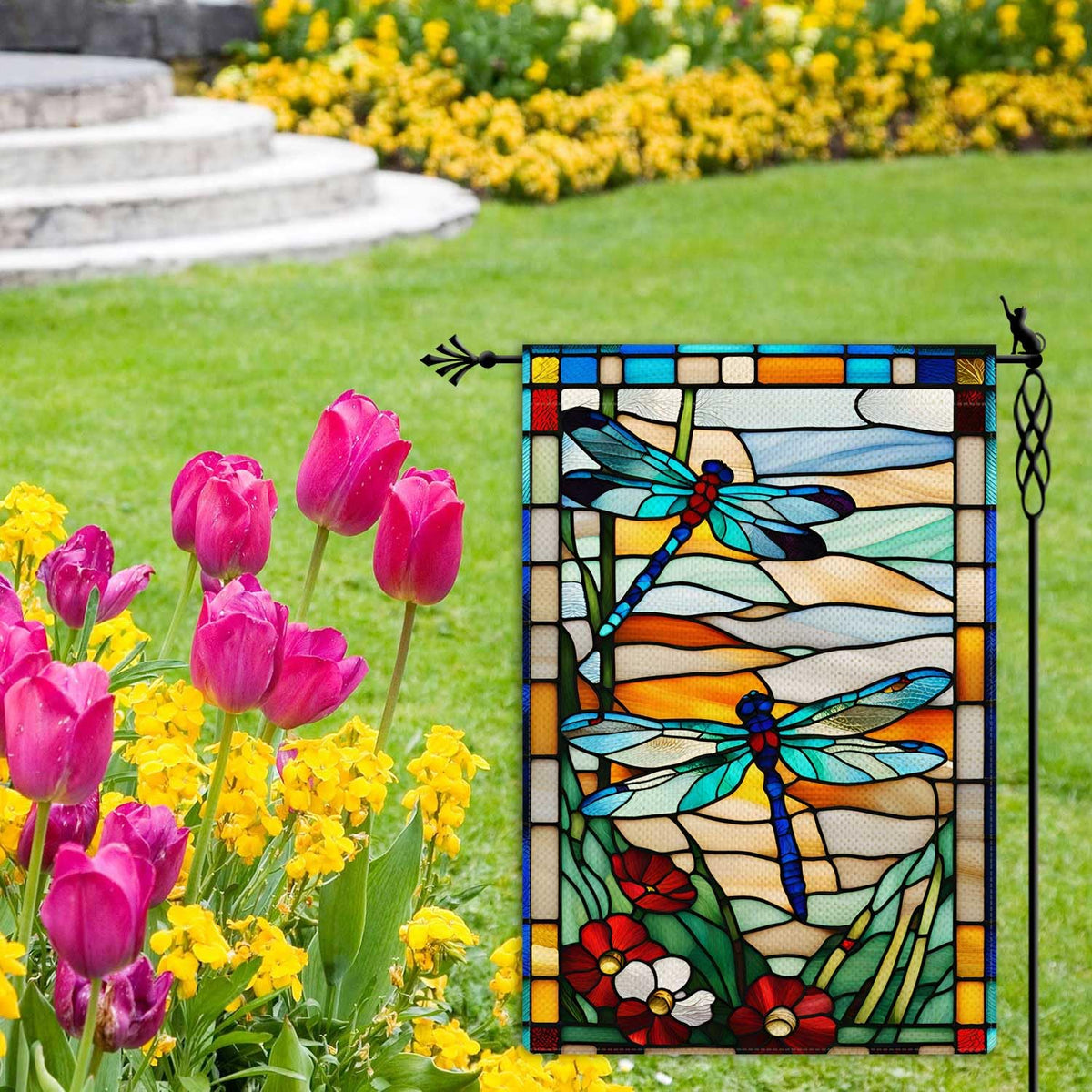 Spring Summer Dragonfly Garden Flag Glass Style Flowers Garden Flag Vertical 1-Sided