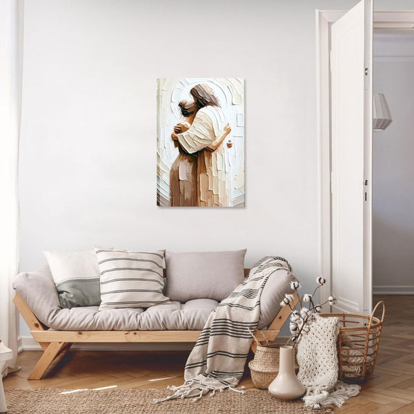 Embracing Woman Canvas Wall Art Safe in His Arms Pictures Canvas Print Posters Wall Decor Christian Wall Art Home Decor