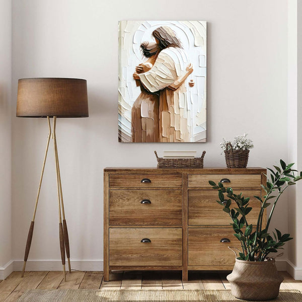 Embracing Woman Canvas Wall Art Safe in His Arms Pictures Canvas Print Posters Wall Decor Christian Wall Art Home Decor