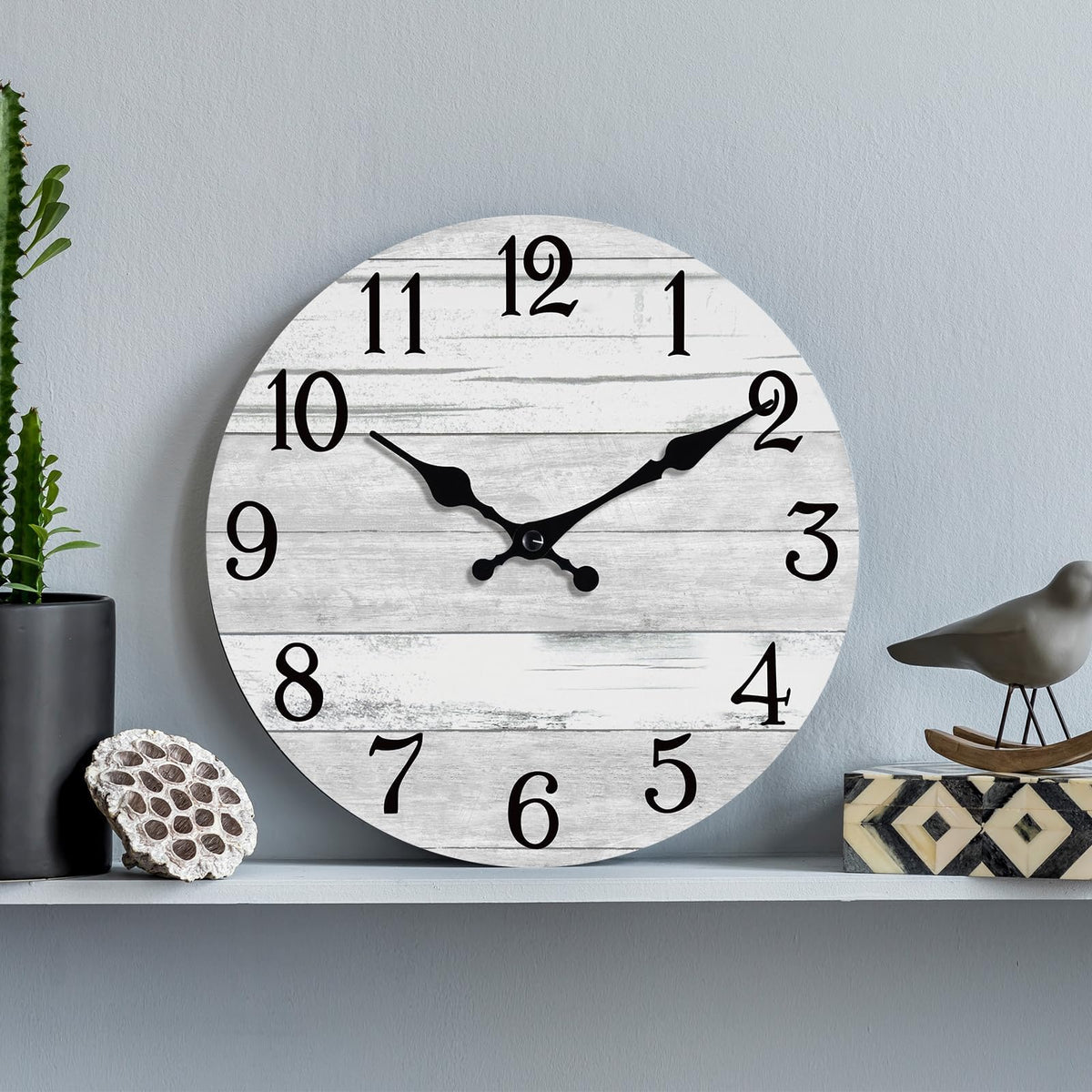 Wall Clock Battery Operated 12 Inch Gray Silent Non Ticking Country Rustic Design, Glass