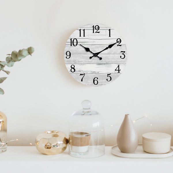 Wall Clock Battery Operated 12 Inch Gray Silent Non Ticking Country Rustic Design, Glass