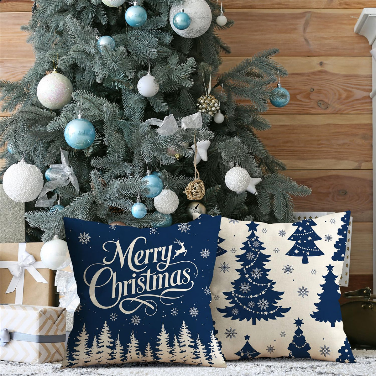 Christmas Pillow Covers 18x18 Blue Christmas Decorations Reindeer Xmas Tree Throw Pillow Covers