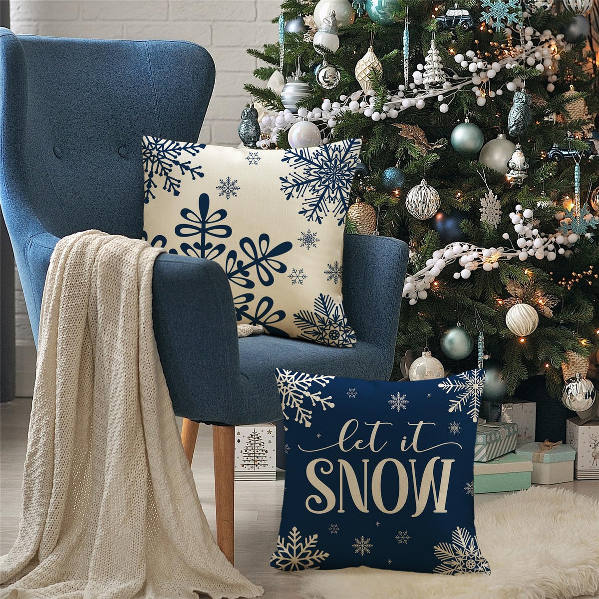 Christmas Pillow Covers 18x18 Blue Christmas Decorations Reindeer Xmas Tree Throw Pillow Covers