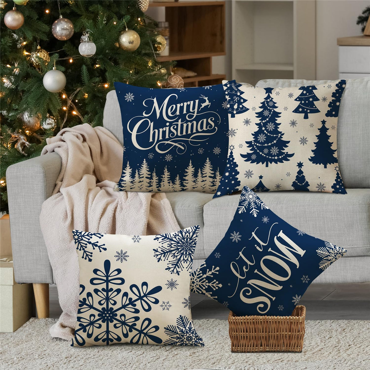 Christmas Pillow Covers 18x18 Blue Christmas Decorations Reindeer Xmas Tree Throw Pillow Covers