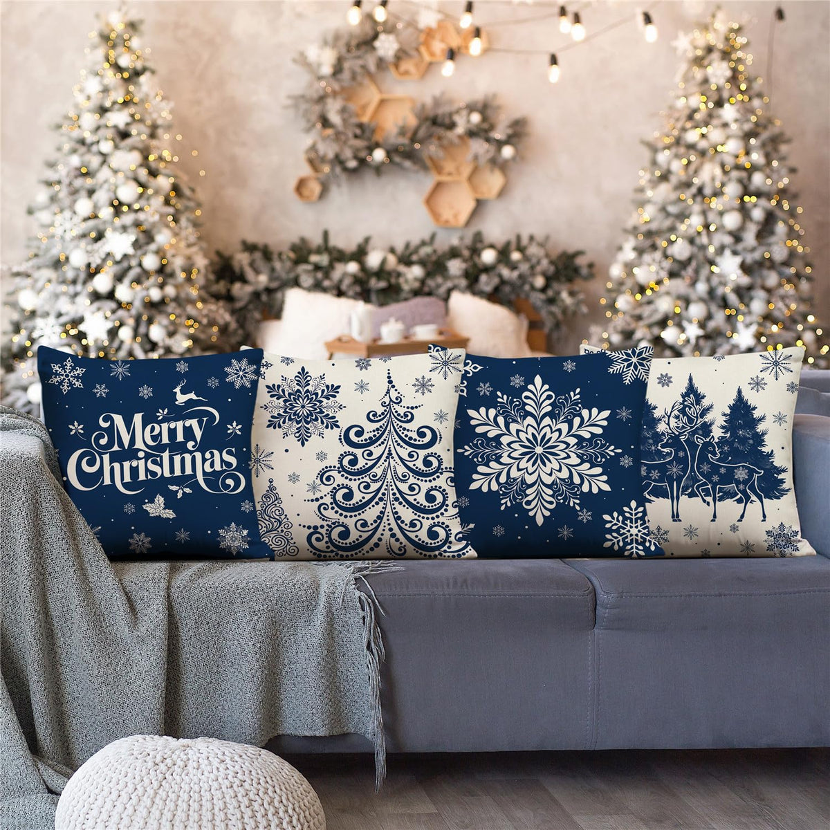 Christmas Pillow Covers 18x18 Blue Christmas Decorations Xmas Tree Snowflake Throw Pillow Covers Reindeer Set of 4
