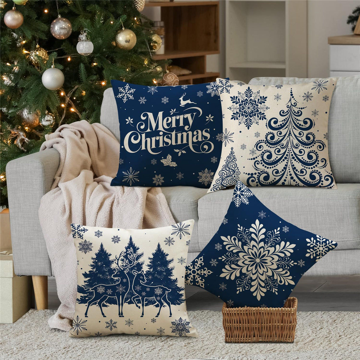 Christmas Pillow Covers 18x18 Blue Christmas Decorations Xmas Tree Snowflake Throw Pillow Covers Reindeer Set of 4