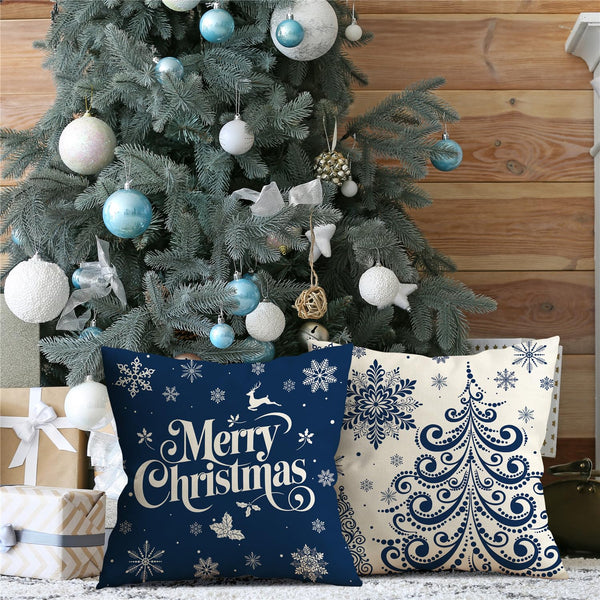 Christmas Pillow Covers 18x18 Blue Christmas Decorations Xmas Tree Snowflake Throw Pillow Covers Reindeer Set of 4