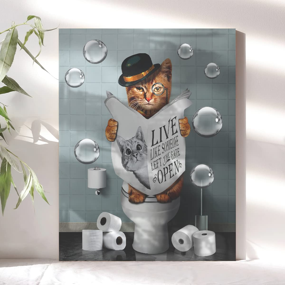 Bathroom Decor Canvas Wall Art Cute Cat Sitting in Toilet Reading Newspaper Pictures Farmhouse Animals Painting for Artwork Framed