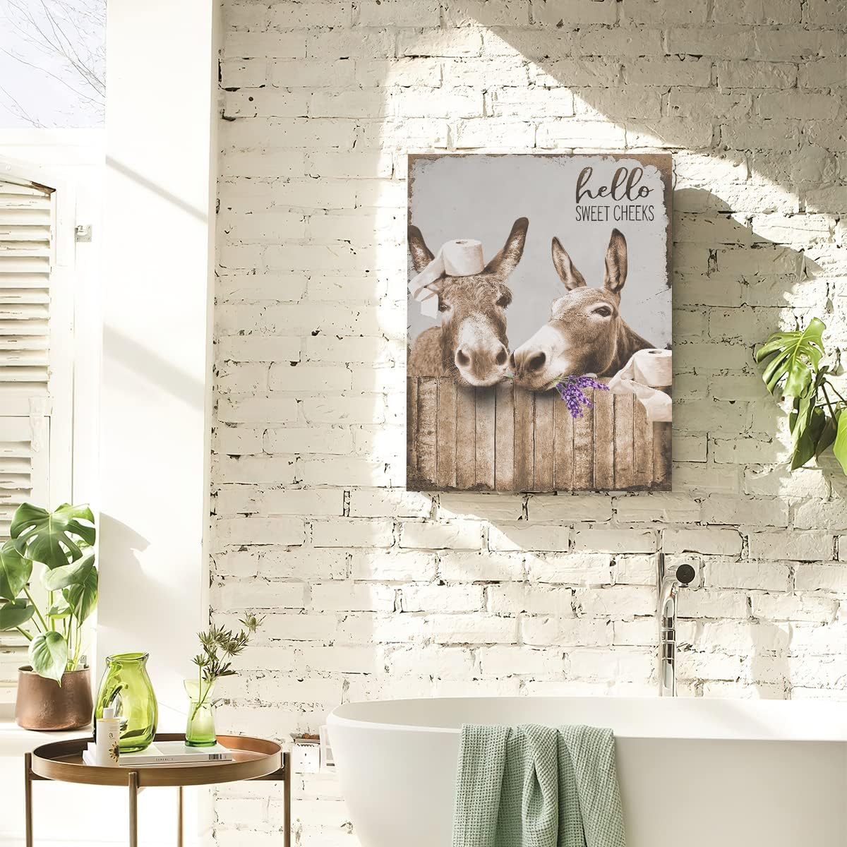 Canvas Wall Art Donkey Pictures for Bathroom Decor - Funny Farmhouse Painting Toilet Prints - Rustic Animals Artwork Framed