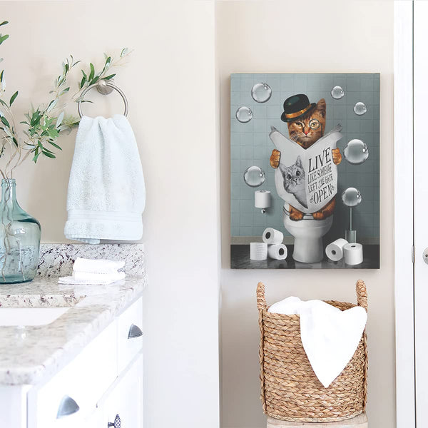 Bathroom Decor Canvas Wall Art Cute Cat Sitting in Toilet Reading Newspaper Pictures Farmhouse Animals Painting for Artwork Framed
