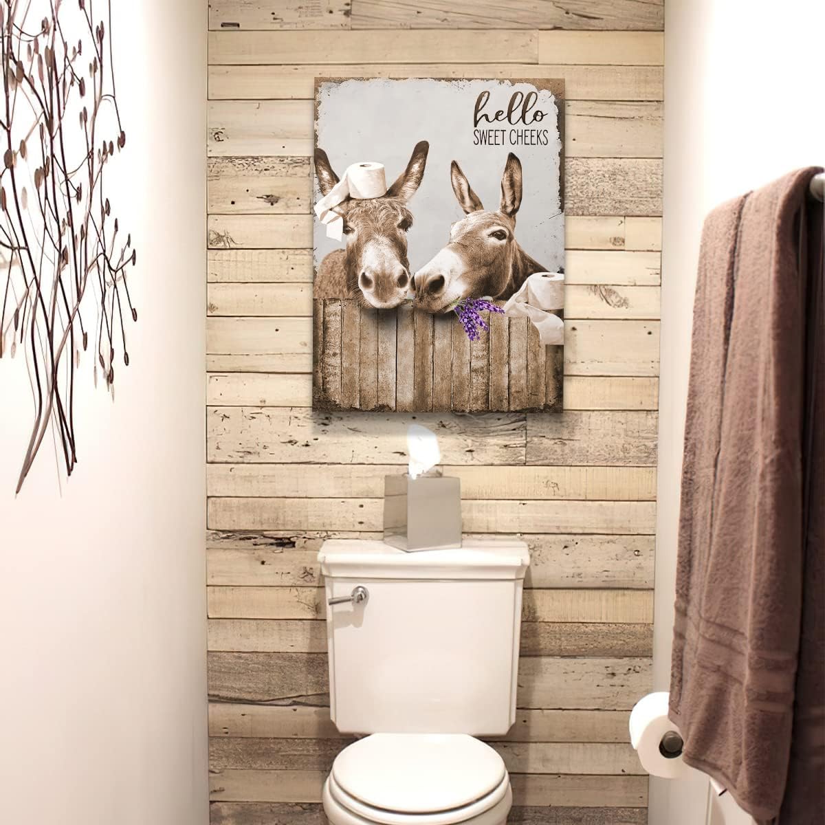 Canvas Wall Art Donkey Pictures for Bathroom Decor - Funny Farmhouse Painting Toilet Prints - Rustic Animals Artwork Framed