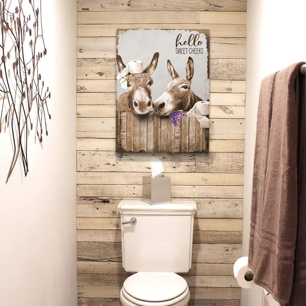 Canvas Wall Art Donkey Pictures for Bathroom Decor - Funny Farmhouse Painting Toilet Prints - Rustic Animals Artwork Framed