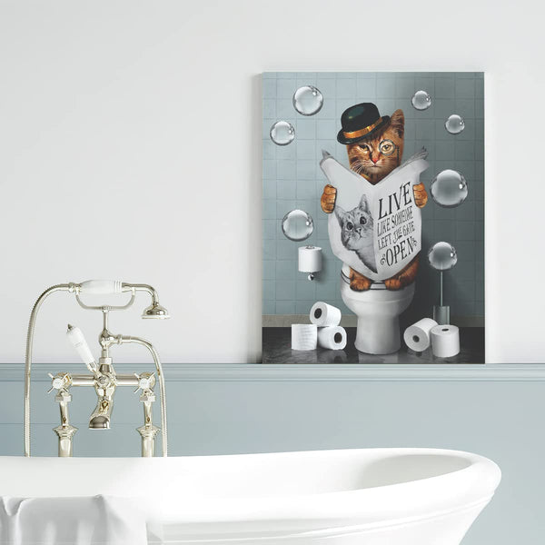 Bathroom Decor Canvas Wall Art Cute Cat Sitting in Toilet Reading Newspaper Pictures Farmhouse Animals Painting for Artwork Framed