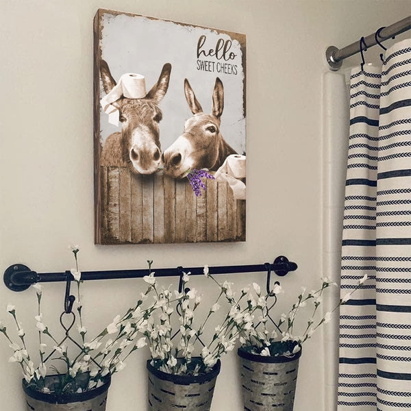 Canvas Wall Art Donkey Pictures for Bathroom Decor - Funny Farmhouse Painting Toilet Prints - Rustic Animals Artwork Framed