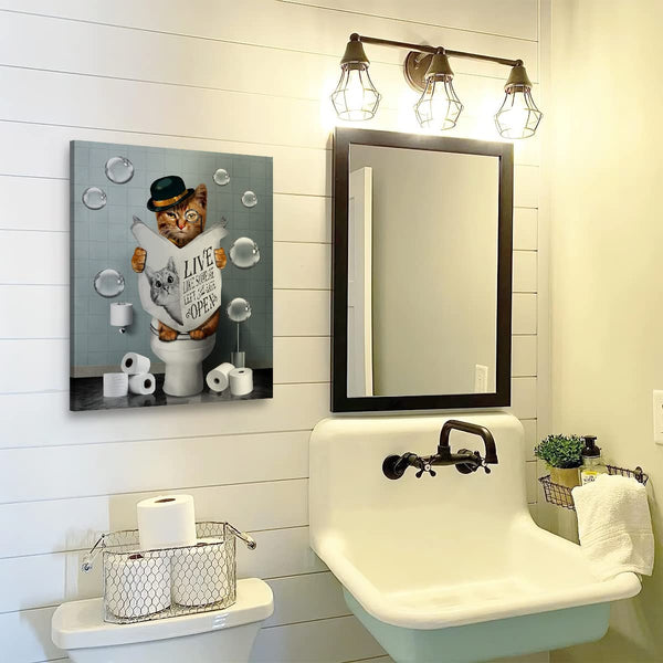 Bathroom Decor Canvas Wall Art Cute Cat Sitting in Toilet Reading Newspaper Pictures Farmhouse Animals Painting for Artwork Framed