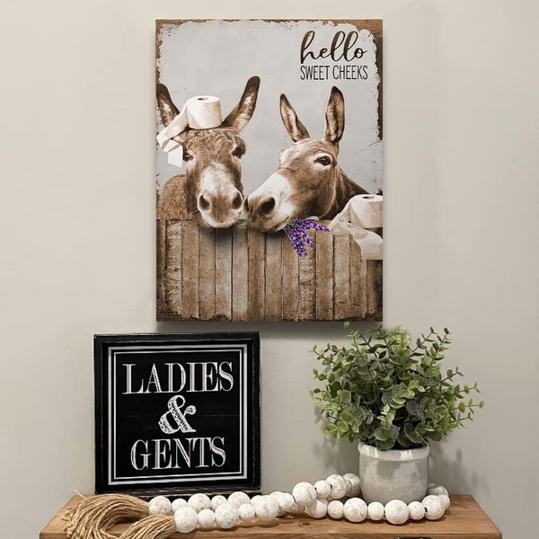 Canvas Wall Art Donkey Pictures for Bathroom Decor - Funny Farmhouse Painting Toilet Prints - Rustic Animals Artwork Framed