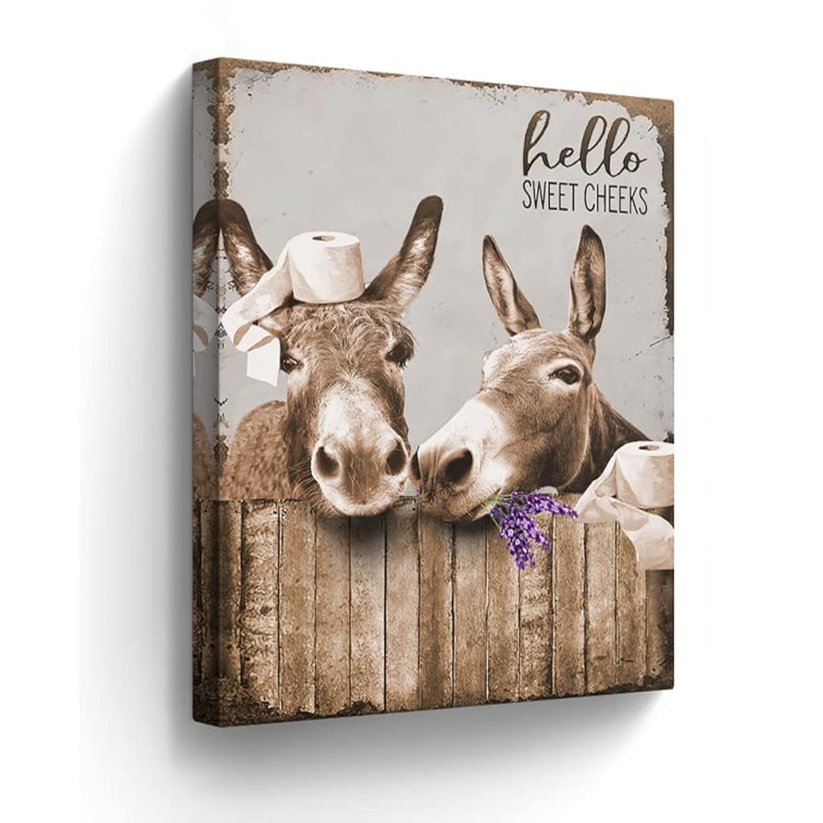 Canvas Wall Art Donkey Pictures for Bathroom Decor - Funny Farmhouse Painting Toilet Prints - Rustic Animals Artwork Framed