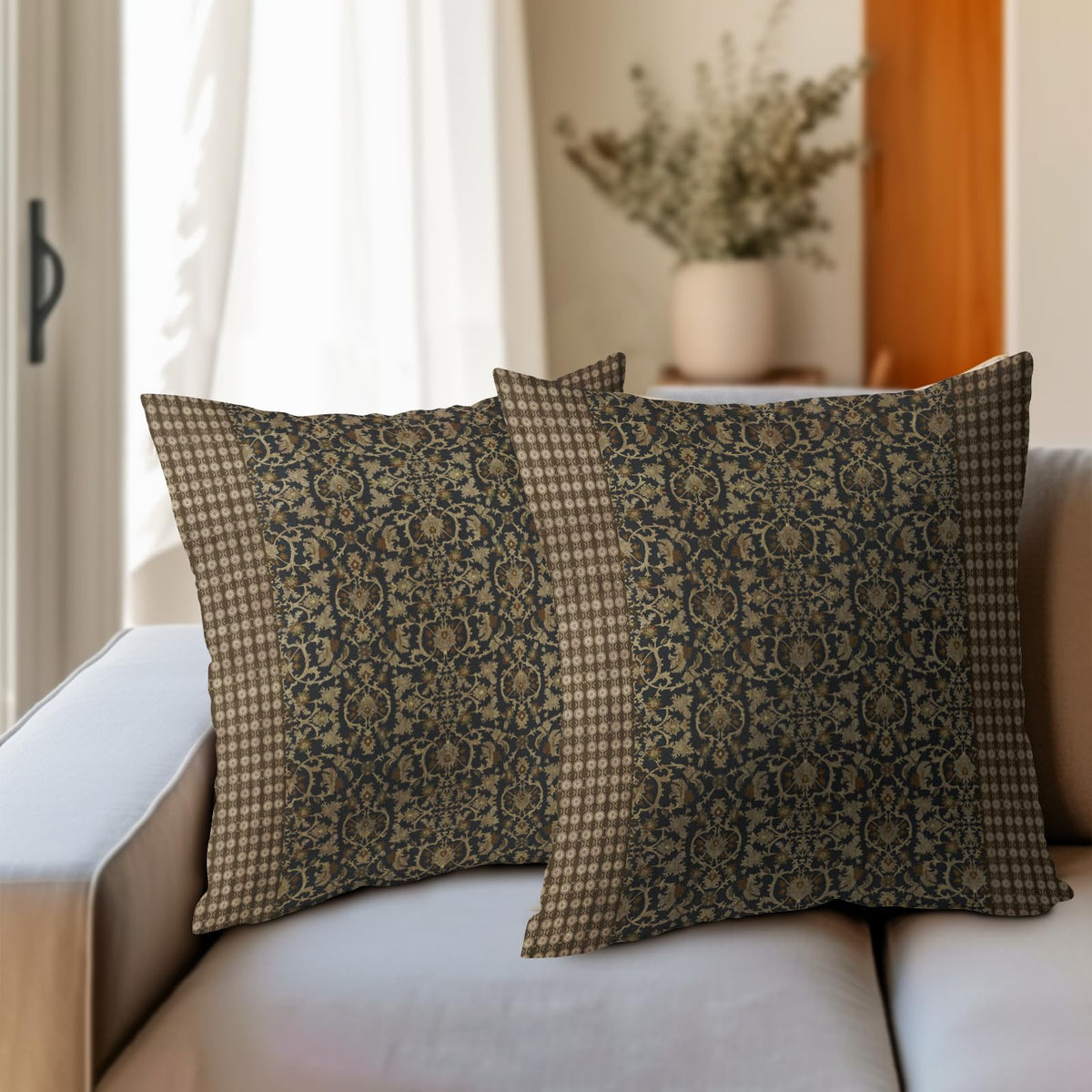 Brown Antique Pillow Covers 18x18 Inch Vintage Floral Block Print Decorative Throw Pillow Covers