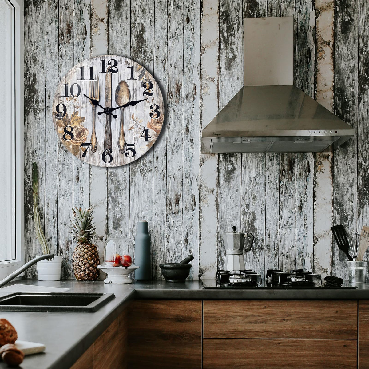 Kitchen Wall Clock Fork & Spoon Cutlery Theme Rustic Modern Glass Clock