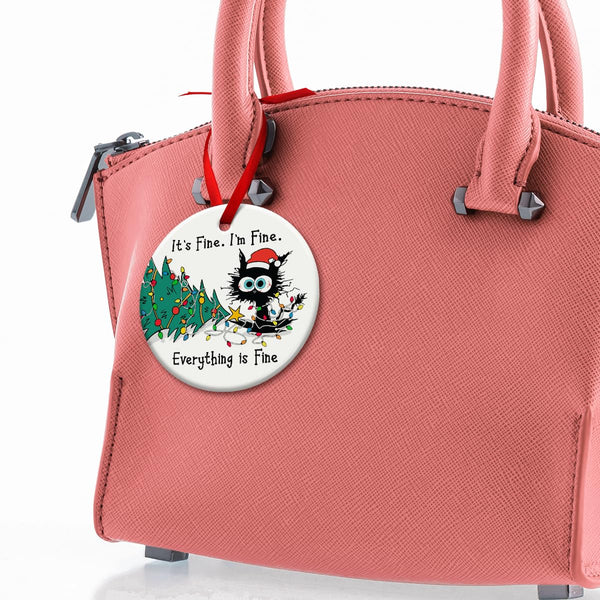 Funny Christmas Hanging Ornaments, Black Cat Tree Ornament, Gifts for Cat Lovers - It's Fine I'm Fine