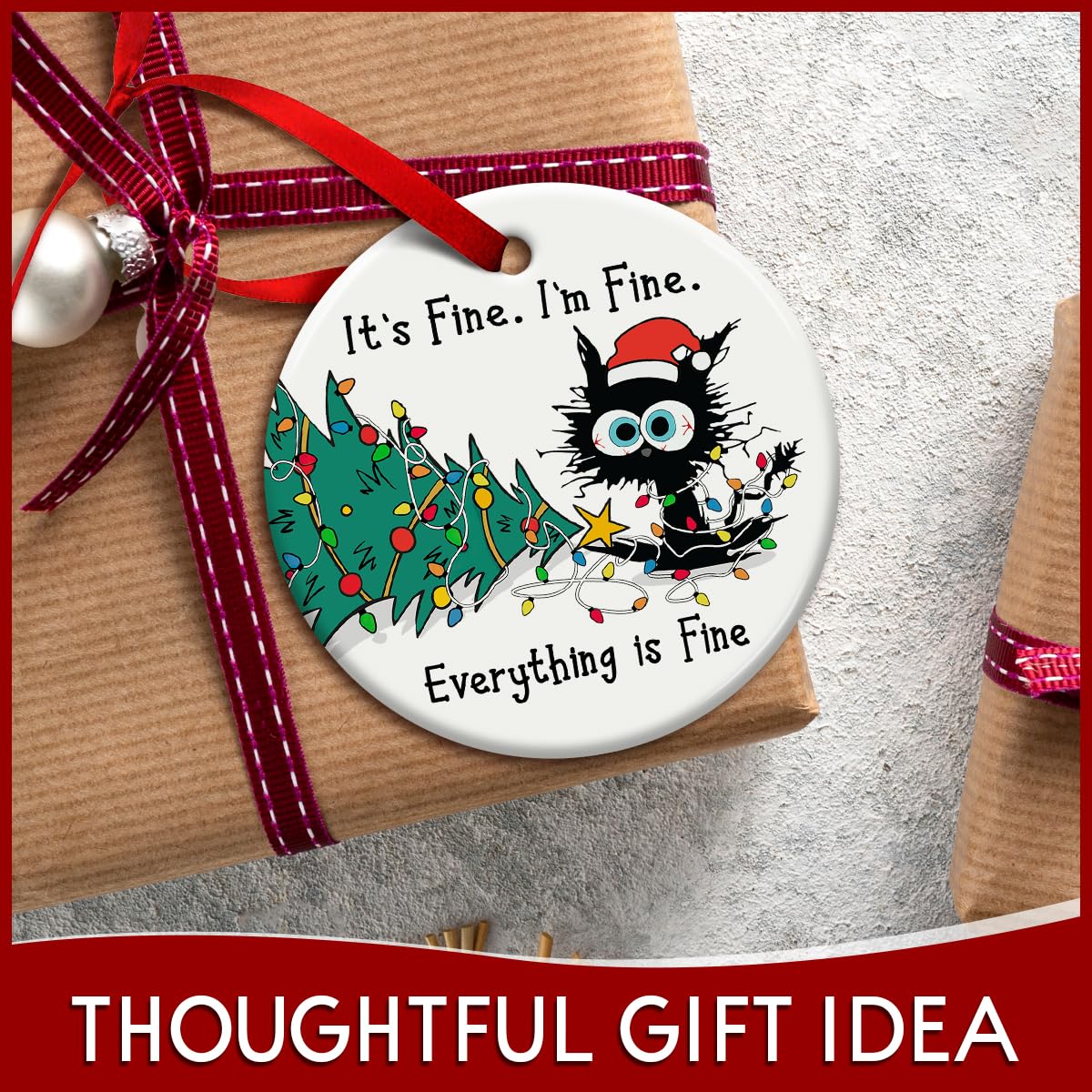 Funny Christmas Hanging Ornaments, Black Cat Tree Ornament, Gifts for Cat Lovers - It's Fine I'm Fine