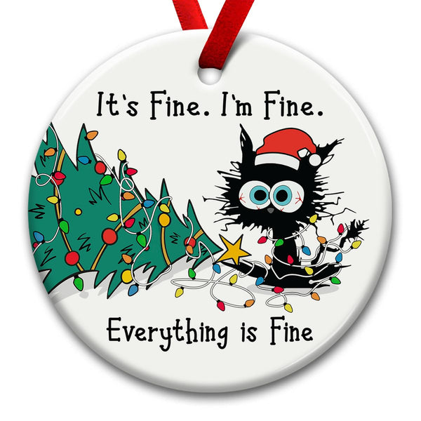 Funny Christmas Hanging Ornaments, Black Cat Tree Ornament, Gifts for Cat Lovers - It's Fine I'm Fine