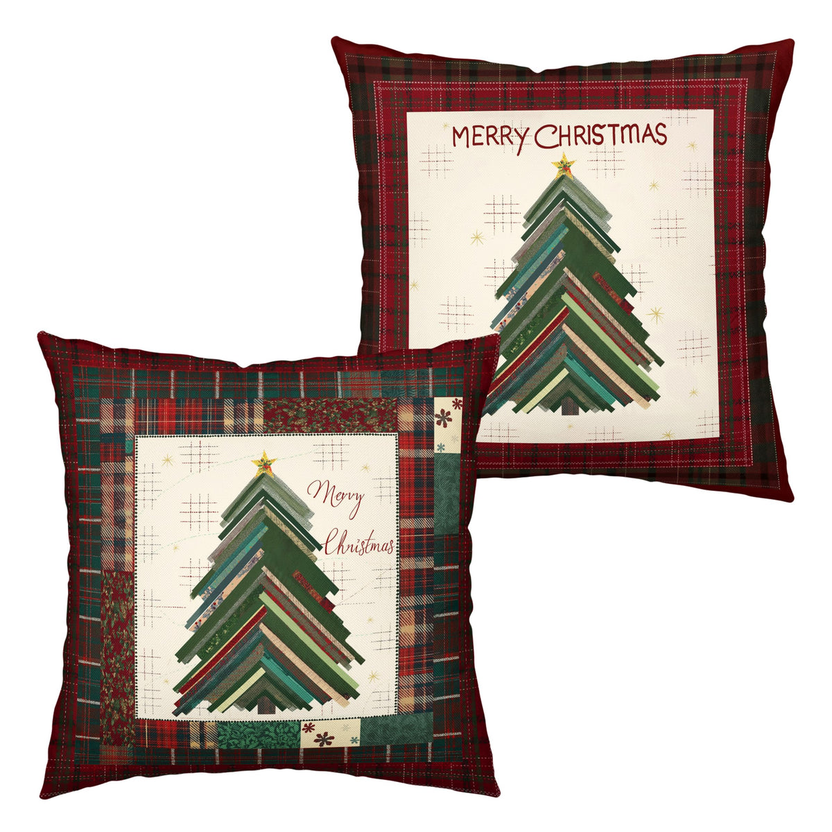 Merry Christmas Pillow Covers 18x18 Set of 2 Red Classic Checkered Green Xmas Tree