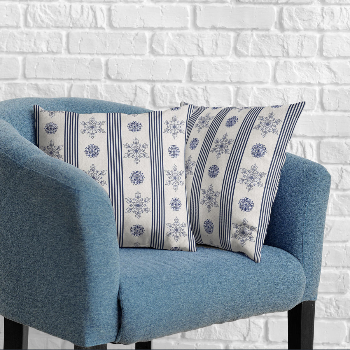 Winter Pillow Covers Blue and White Porcelain Blue Snowflakes Striped