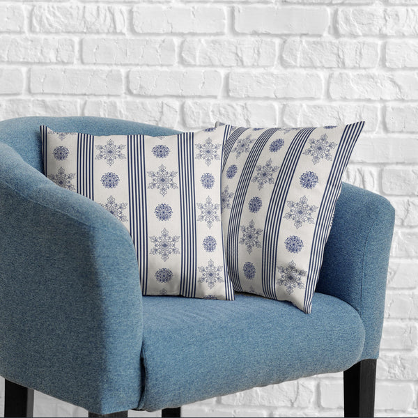 Winter Pillow Covers Blue and White Porcelain Blue Snowflakes Striped