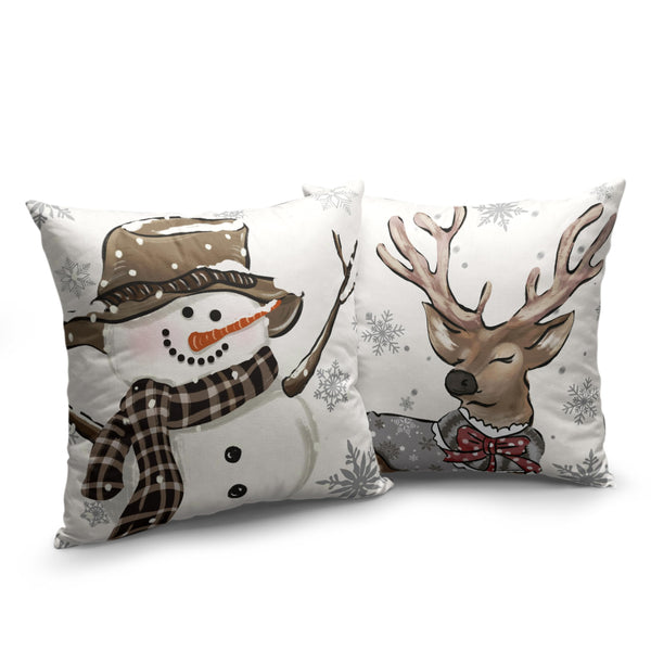 Christmas Pillow Covers 18x18 Set of 2 Brown Snowman Reindeer with Snowflakes