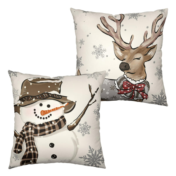 Christmas Pillow Covers 18x18 Set of 2 Brown Snowman Reindeer with Snowflakes