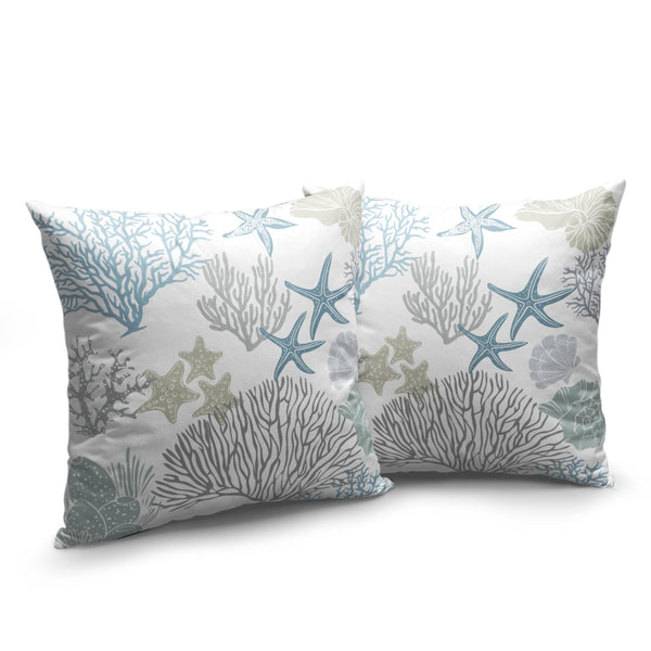 Summer Beachy Pillow Covers 18X18 Set of 2 Blue Grey Coral Coastal Seashell Starfish
