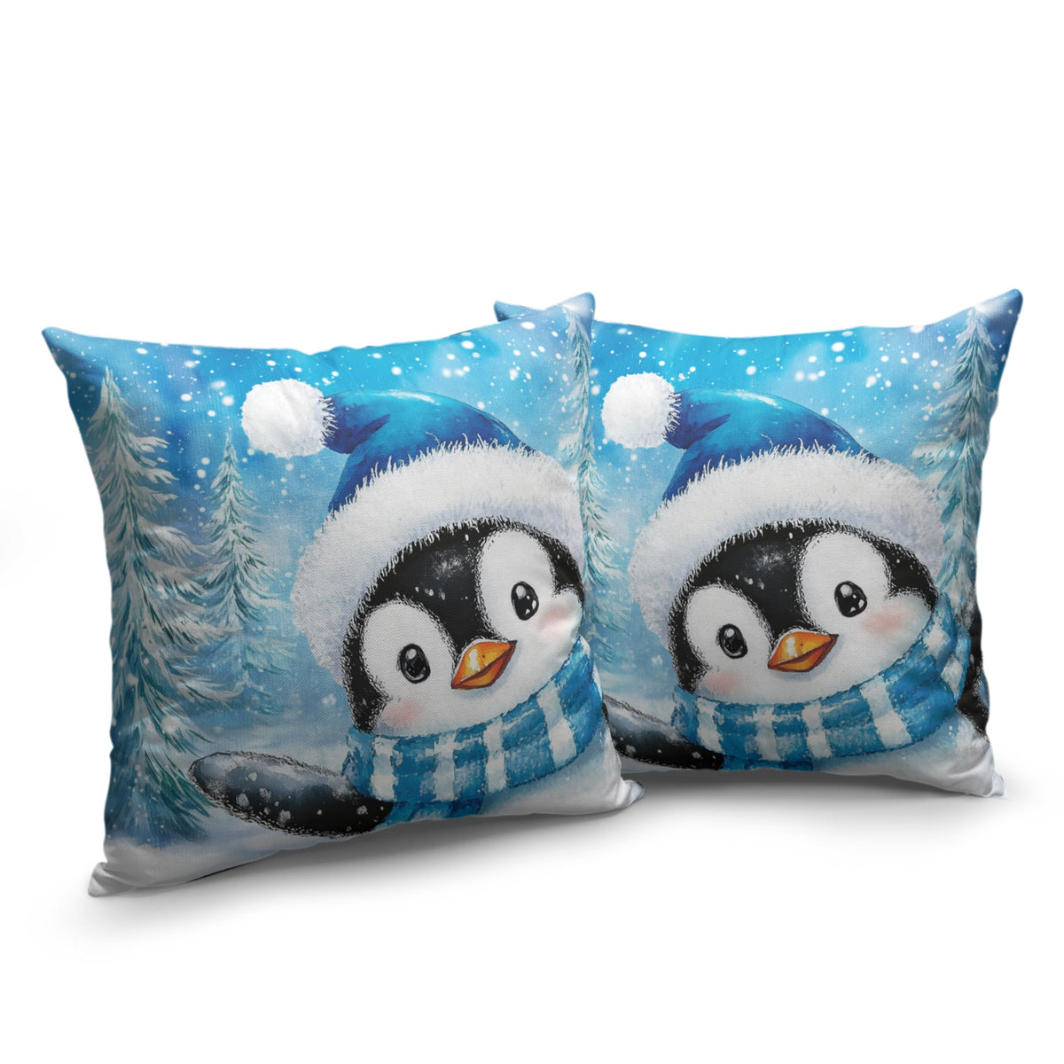 Lovely Penguin Pillow Case 18x18 Winter Decorative Pillow Covers Set of 2 Blue Winter