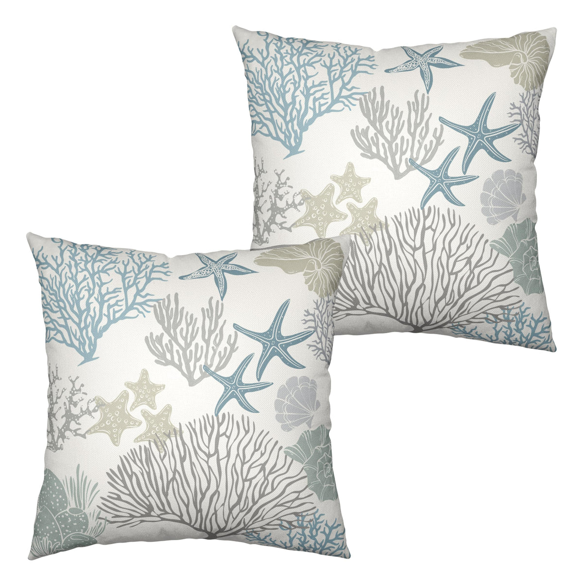 Summer Beachy Pillow Covers 18X18 Set of 2 Blue Grey Coral Coastal Seashell Starfish