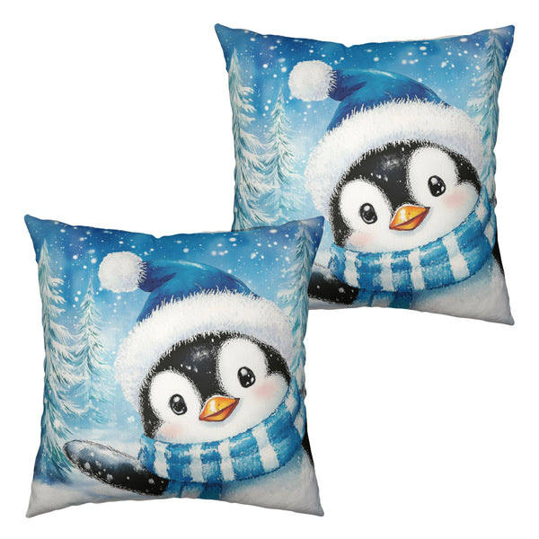 Lovely Penguin Pillow Case 18x18 Winter Decorative Pillow Covers Set of 2 Blue Winter