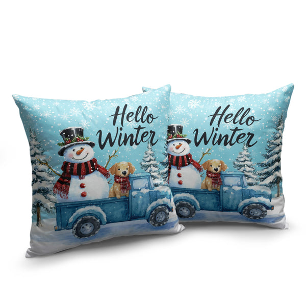 Hello Winter Pillow Covers 18x18 Set of 2 Blue Truck with Lovely Snowman Puppy Dog