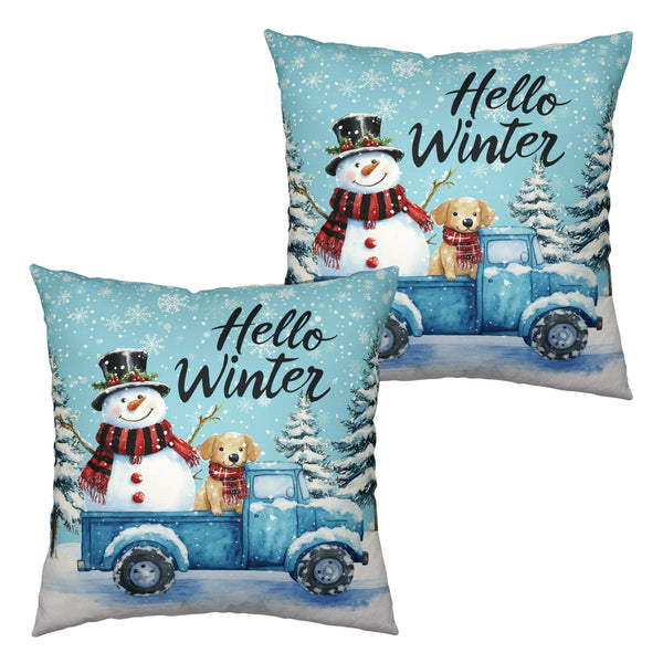 Hello Winter Pillow Covers 18x18 Set of 2 Blue Truck with Lovely Snowman Puppy Dog