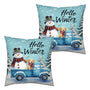 Hello Winter Pillow Covers 18x18 Set of 2 Blue Truck with Lovely Snowman Puppy Dog