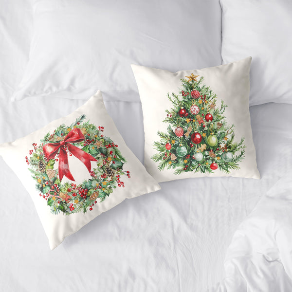 Set of 2 Christmas Tree Pillow Covers Xmas Wreath Throw Pillow Covers Red and Green Decorative Pillow Case 18x18