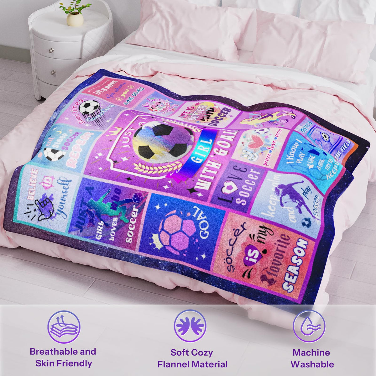 Soccer Blanket Gifts for Girls, Soft Cozy Flannel Throw Blanket for Soccer Lovers, Gifts Birthday Christmas