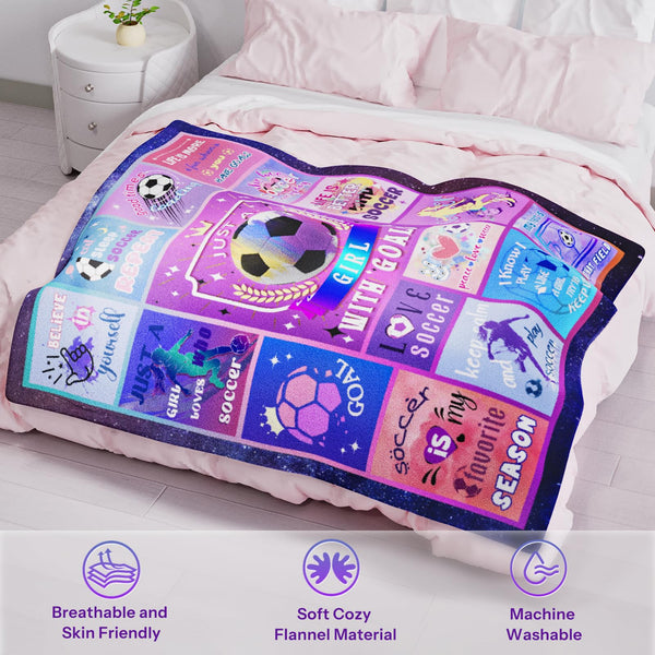 Soccer Blanket Gifts for Girls, Soft Cozy Flannel Throw Blanket for Soccer Lovers, Gifts Birthday Christmas